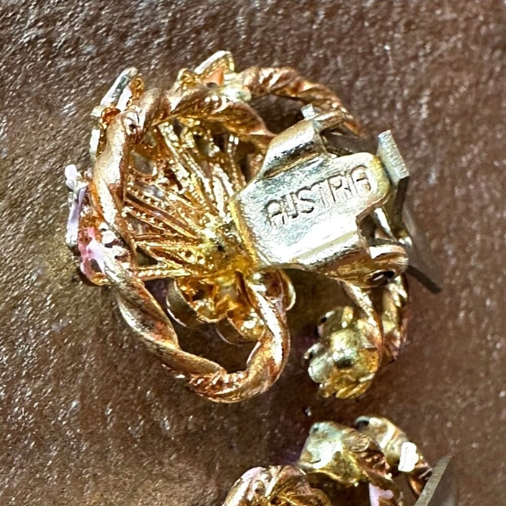 Vintage Pink & Gold Clip-On Earrings Rhinestone & Enamel Floral Made In Austria - Picture 4 of 10